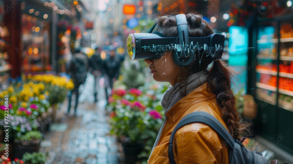A young woman explores a vibrant flower market while immersed in a virtual reality experience, highlighting a fusion of technology and everyday life.
