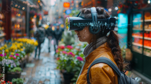 A young woman explores a vibrant flower market while immersed in a virtual reality experience, highlighting a fusion of technology and everyday life.