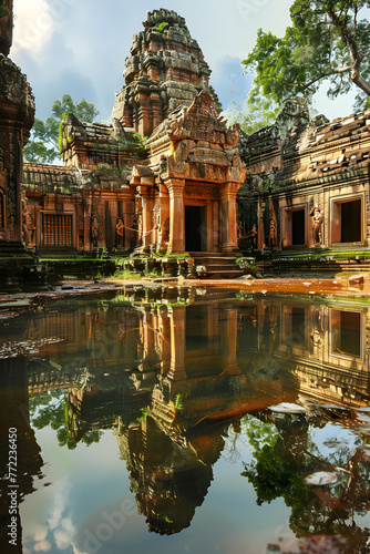 Intricate Masterpiece: Khmer Temple from the Angkor Era Amidst Vibrant Nature