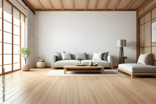 interior design in modern living room with wood floor and white wall that was designed in japanese style 3d illustration 3d rendering