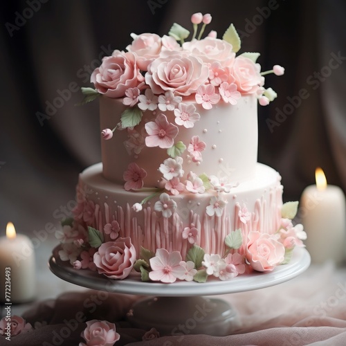 Default Wedding cake adorned with pink flowers a sweet celebra
