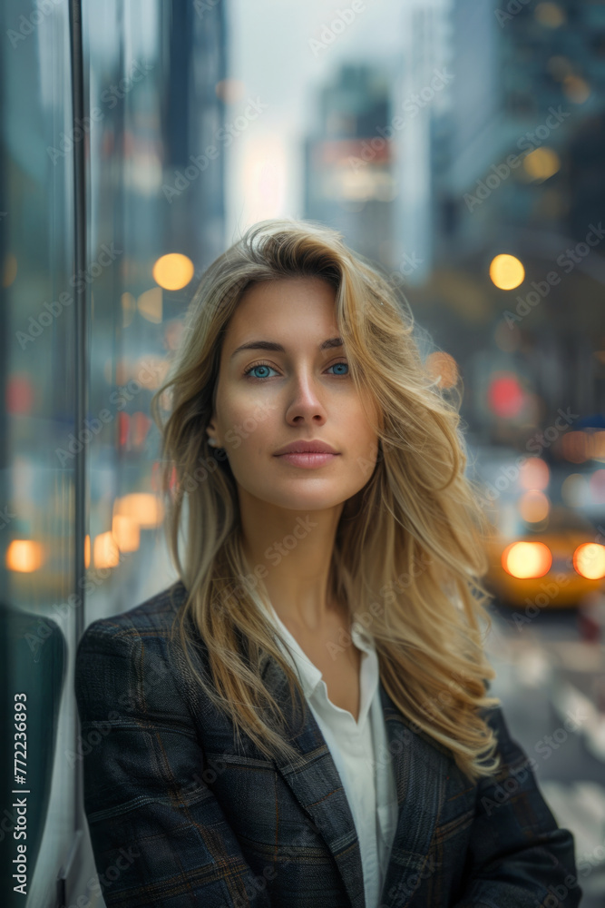 Fototapeta premium Portrait of a confident young woman in a business suit standing on a city street with blurred urban background featuring city lights.