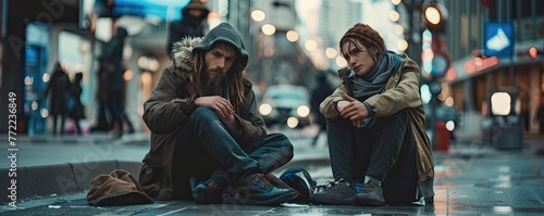 homeless in solitude, seated on the sidewalk, amidst an urban backdrop