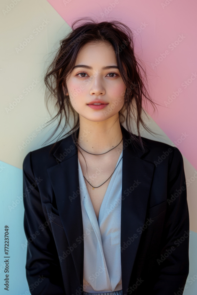 Portrait of a young woman with a natural look, wearing a black blazer over a light top, with minimal jewelry against a pastel-colored background. Portrait of a young woman with a natural look, wearing a black blazer over a light top, with minimal jewelry against a pastel-colored background.