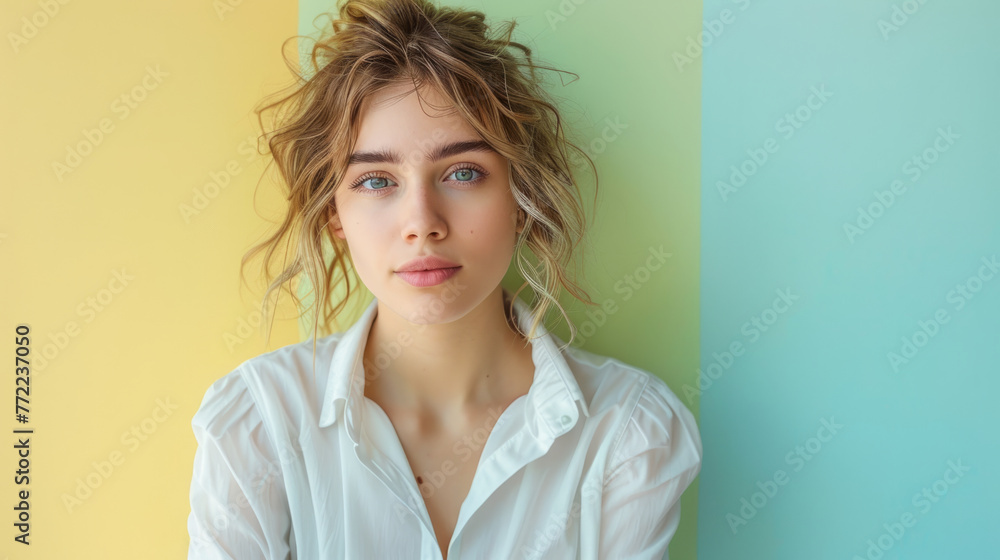 A young woman stands against a dual-colored background, split between yellow and blue. She is wearing a white shirt, her hair is styled in a casual updo A young woman stands against a dual-colored background, split between yellow and blue. She is wearing a white shirt, her hair is styled in a casual updo