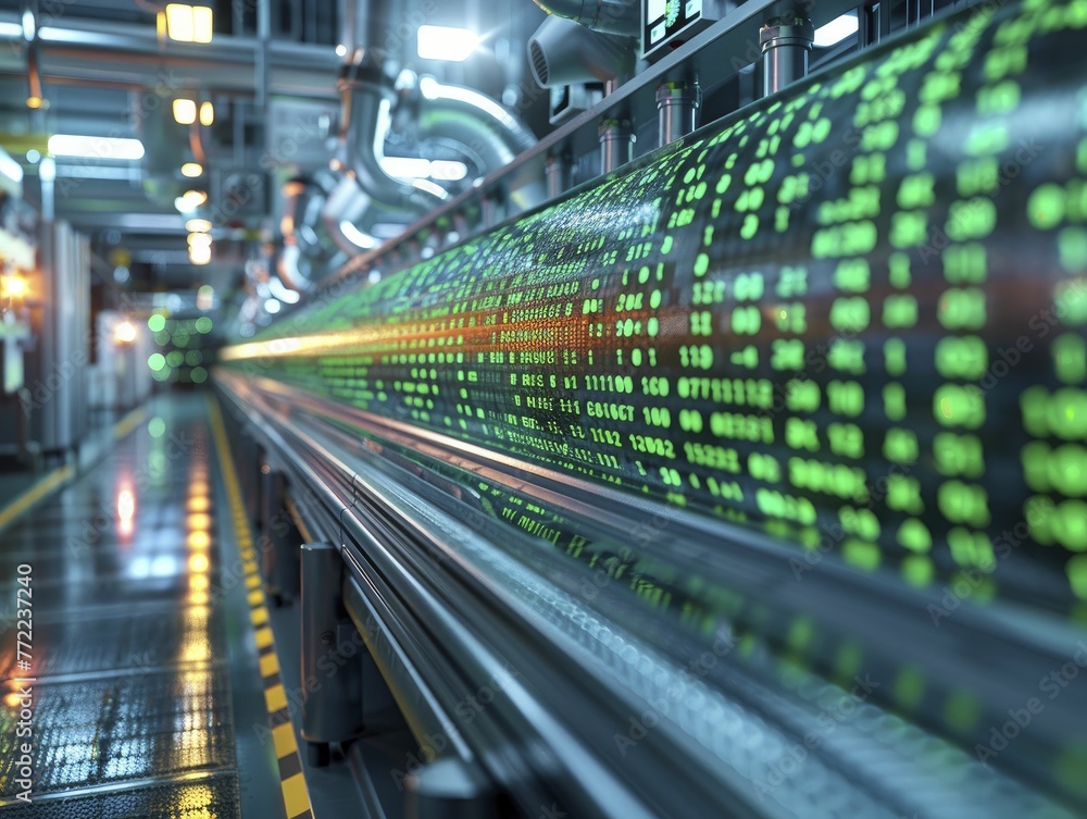 A binary code stream flows into a manufacturing plant against a digital workflow backdrop, showcasing data-driven production. A binary code stream flows into a manufacturing plant against a digital workflow backdrop, showcasing data-driven production.