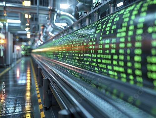 A binary code stream flows into a manufacturing plant against a digital workflow backdrop, showcasing data-driven production.