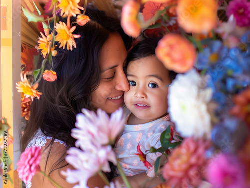 A woman with a baby surrounded by flowers