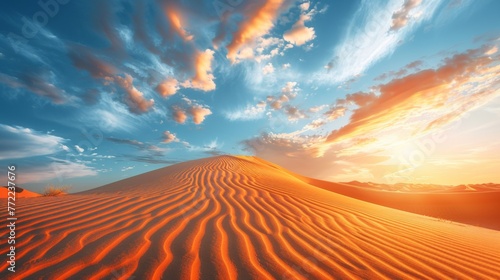 A sand dunes in the desert with a bright blue sky, AI