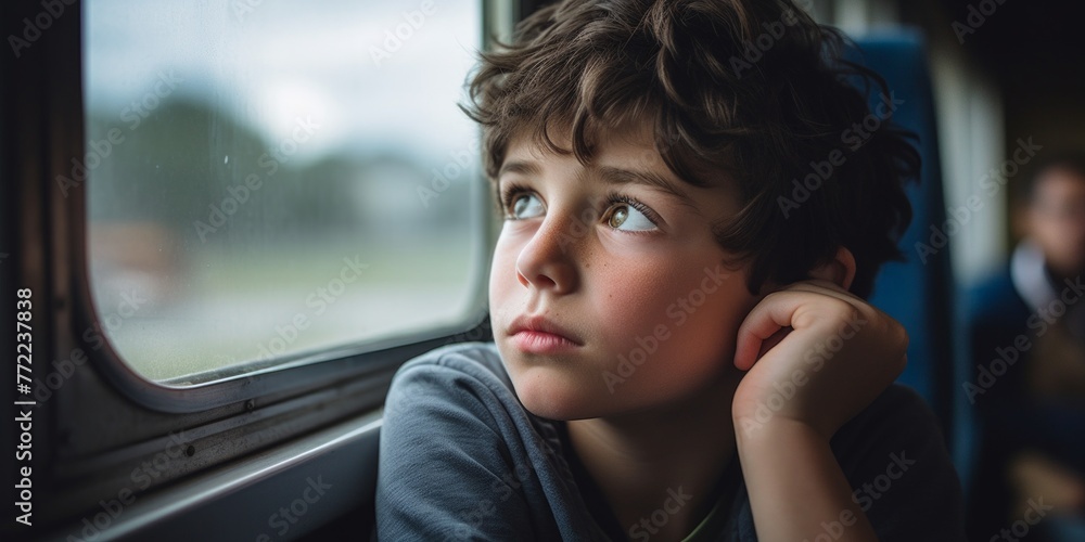 A lonely sad boy looks through the window of a moving train. Homeless orphan. Generative AI. A lonely sad boy looks through the window of a moving train. Homeless orphan. Generative AI.