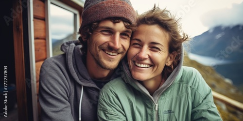 Couple on balcony of a mountain hut, smiling. Generative AI.