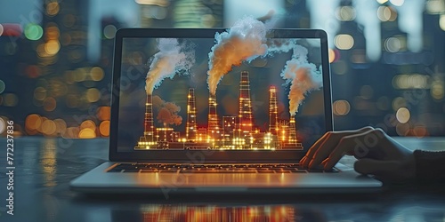 A sleek laptop featuring industrial smokestack keys against a tech backdrop, symbolizing digitalization in industry.