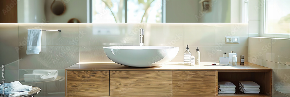 Stylish Modern Bathroom with Sleek Design, Showcasing a White Sink and Contemporary Decor Stylish Modern Bathroom with Sleek Design, Showcasing a White Sink and Contemporary Decor