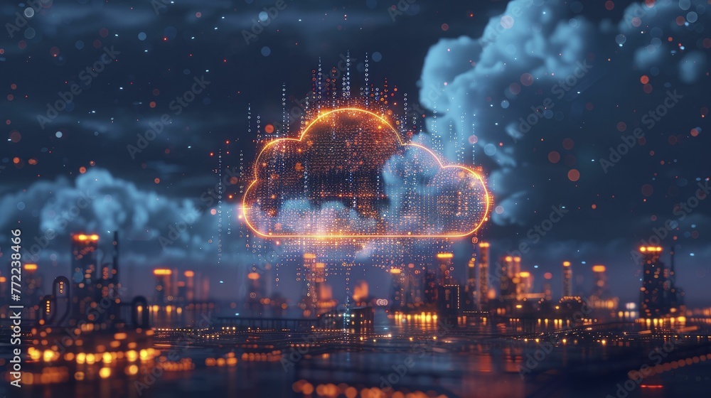 A futuristic depiction of a cloud computing symbol showering code onto industrial structures against a tech-infused backdrop, symbolizing cloud-based industry efficiency.