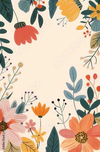 simple illustration with colorful flowers and leaves It has a large empty space in the middle for text.
