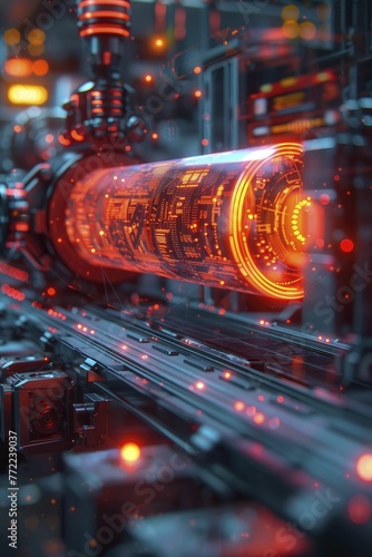 Sleek depiction of a holographic projector displaying a production line, on a futuristic manufacturing background, concept for hologram assisted production.