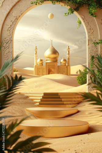 Cartolina d'auguri per l'Eid della fase del podio - tema islamico con icone della moschea e del paesaggio del deserto - Stage media Prodotto Regali o Promozioni photo