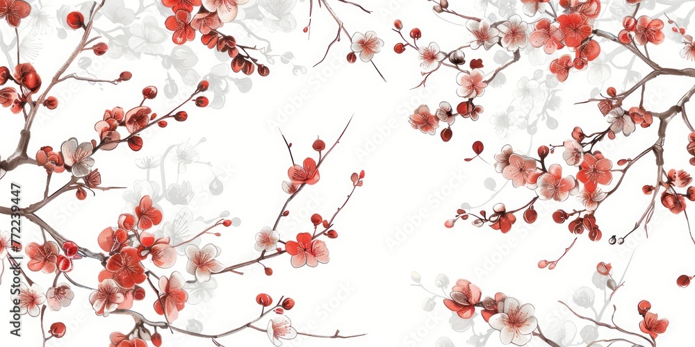 Red cherry blossom motif wallpaper isolated on white background
