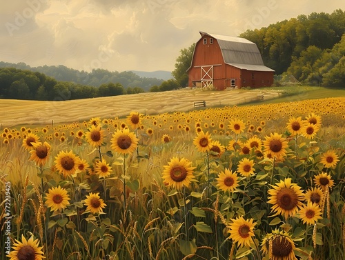 Idyllic Farmland Landscape with Vibrant Sunflower Fields and Rustic Barn