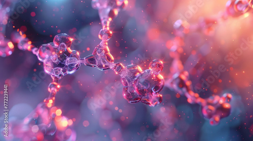 Close-up of a detailed and stylized molecular structure illustration with glowing connections and translucent beads on a blue and pink bokeh background.