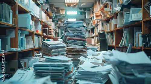 Document management, A cluttered office space filled with stacks of disorganized papers and documents towering on a table, with shelves of files and office supplies blurred in the background