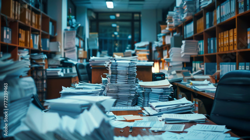 Document management. An office at night with stacks of paperwork piled high on a desk and surrounding areas, indicating a busy work environment or backlog of work