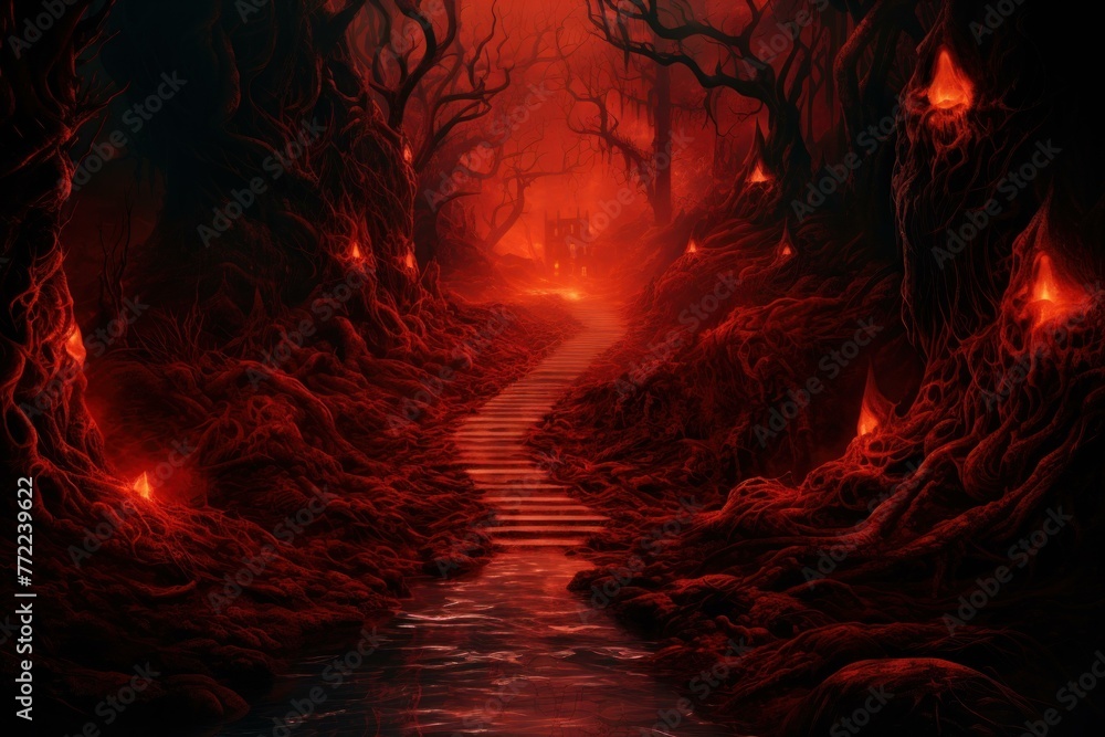 Fototapeta premium Foreboding Red stairs hell. Room enter red. Generate Ai