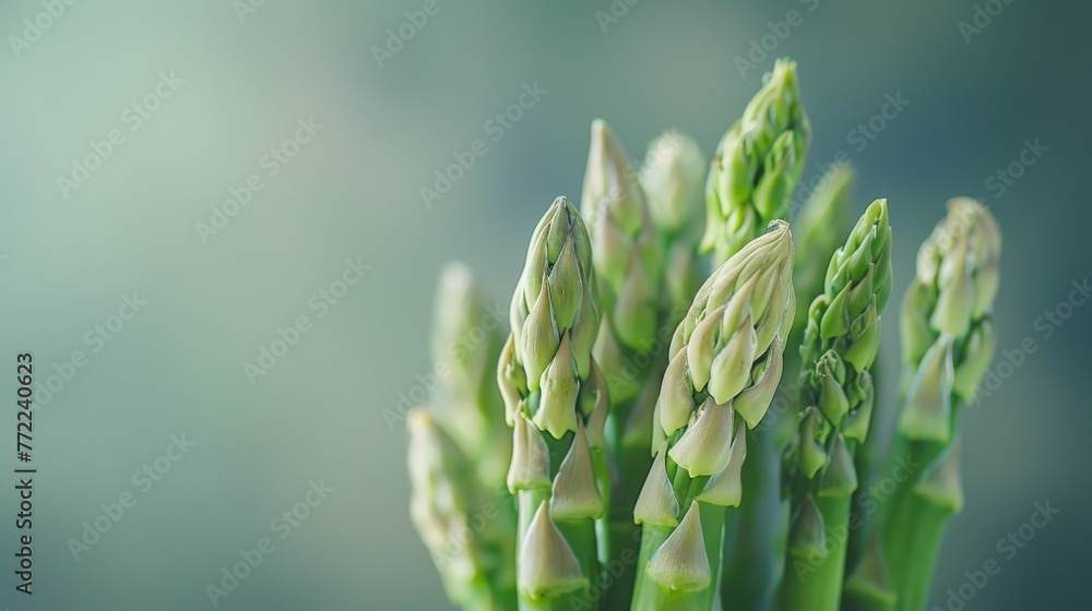 A detailed close-up of a stalk of asparagus its pointed tips and green stalks standing out against a bright - obrazy, fototapety, plakaty 