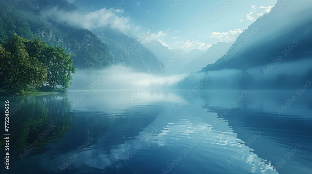 Serene lake with mist hovering over calm waters, nestled between lush green forested mountains under a soft blue sky.