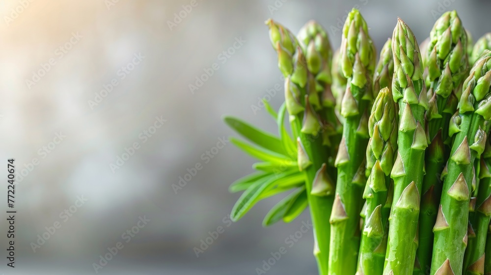 Fototapeta premium A detailed close-up of a stalk of asparagus its pointed tips and green stalks standing out against a bright