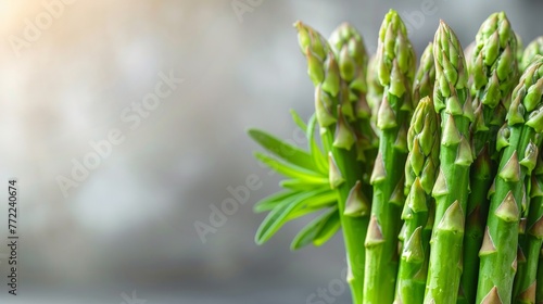 A detailed close-up of a stalk of asparagus its pointed tips and green stalks standing out against a bright
