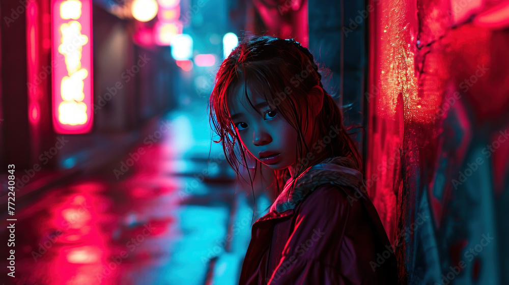 Young child is striking a pose in the dim light cast by a flashlight against the city pavement, embodying the aesthetic of lofi music Young child is striking a pose in the dim light cast by a flashlight against the city pavement, embodying the aesthetic of lofi music
