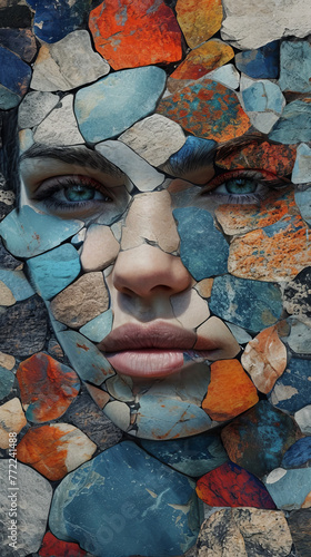 Stunning woman with a collection of stones of various sizes superimposed on her