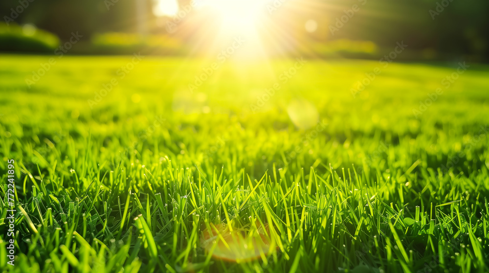 Green grass with sunlight. Beautiful summer background, copy space. Ground level view.