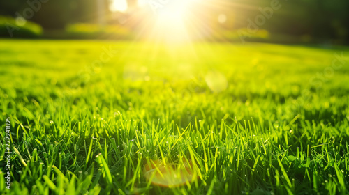 Green grass with sunlight. Beautiful summer background, copy space. Ground level view.