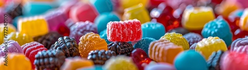 Close-up of assorted colorful candy pieces scattered photo