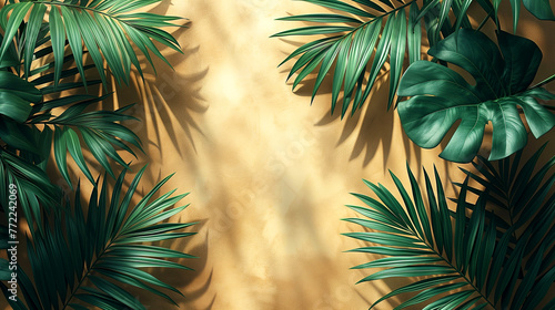 Tropical palm leaves on a yellow background.