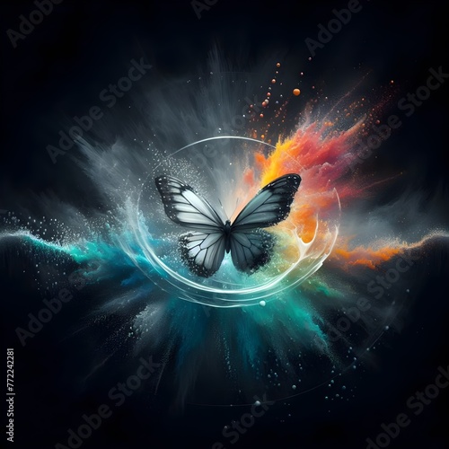 Effect art with a butterfly flapping its wings in a dark monochrome background.
