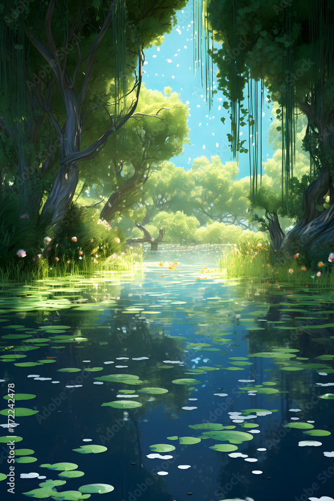 Spring Serenity: Tranquil Pond Amid Cherry Blossom Trees
