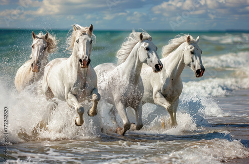 white horses running on the beach, with water splashing around them