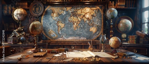 A charming 3D mock-up of a vintage map placed in a whimsical explorers study filled with globes and ancient artifacts photo
