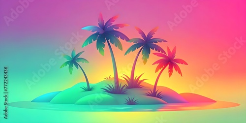 tropical beach  palm trees and rainbow