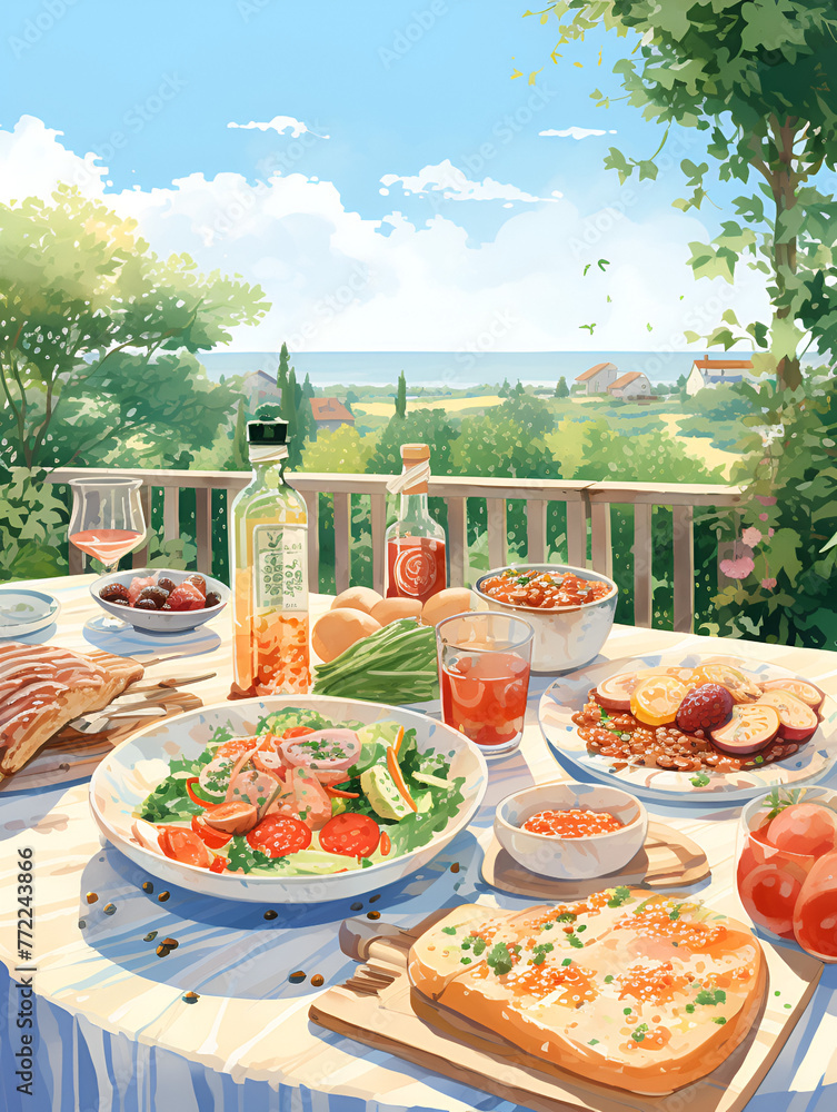 Illustration of Al fresco dining table with food at daylight with nature landscape view 