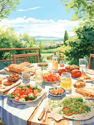 Illustration of Al fresco dining table with food at daylight with nature landscape view 