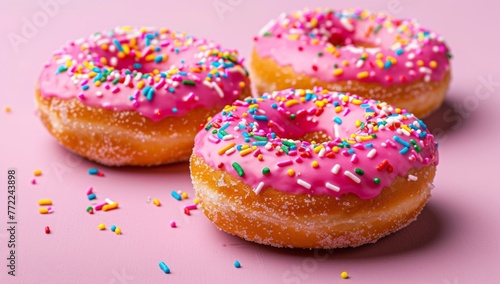 Glazed doughnuts with colorful sprinkles on a pink background, delicious and vibrant, embodying a sweet indulgence