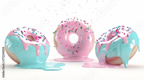 Three colorful doughnuts with icing and sprinkles appear suspended in mid-air, with icing dripping down to puddles below, against a white background