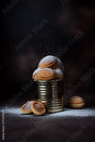 Delicious homemade cookies nuts with boiled condensed milk in a tin with powdered sugar
