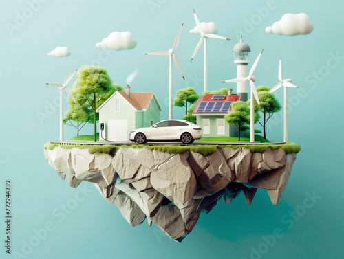 Electric car charging in front of houses on a sustainable floating island with renewable energy sources