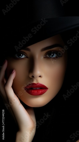 A woman with red lipstick and a black hat © liliyabatyrova