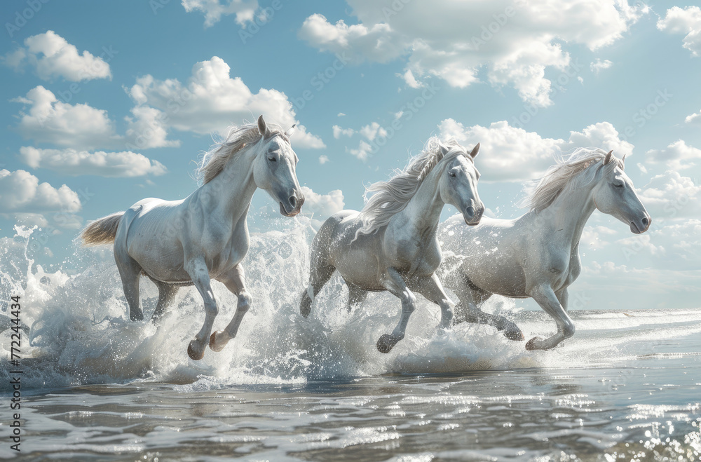white horses running on the beach, with water splashing around them